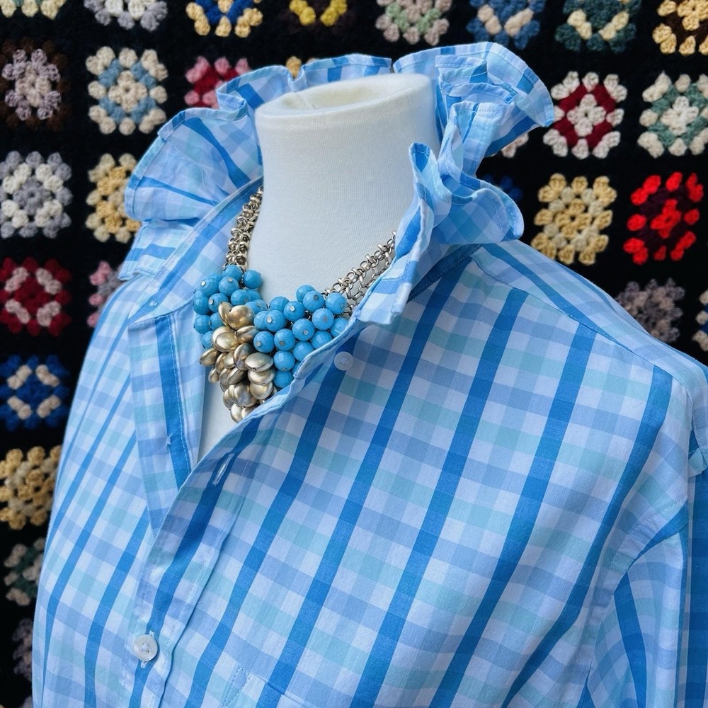 Upcycled Coastal Grandma Preppy J. Crew Blue & Aqua Plaid Ruffle Collar Shirt M